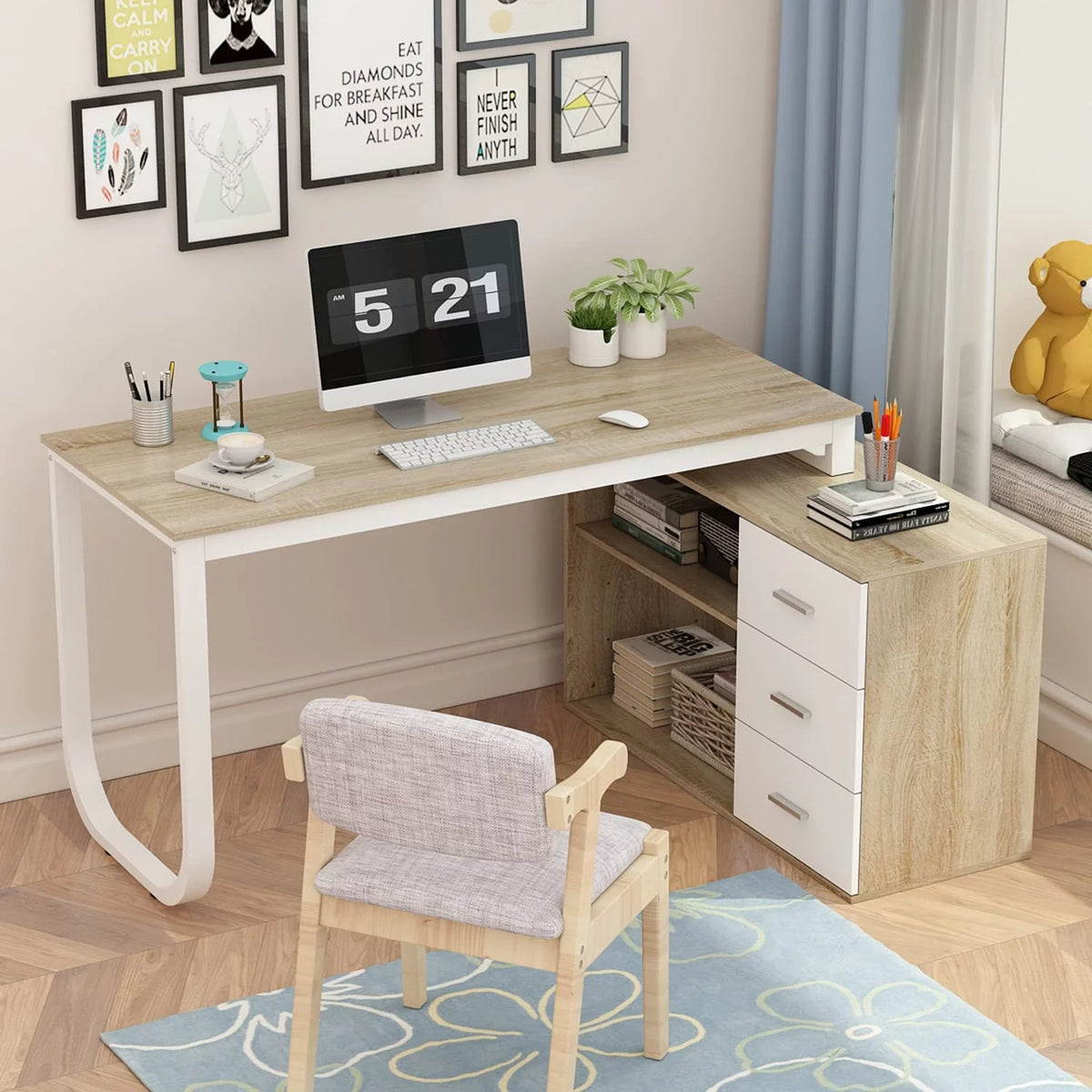 55 Inch L-Shaped Corner Desk with 3 Drawers and 2 Shelves, Walnut and White H67407