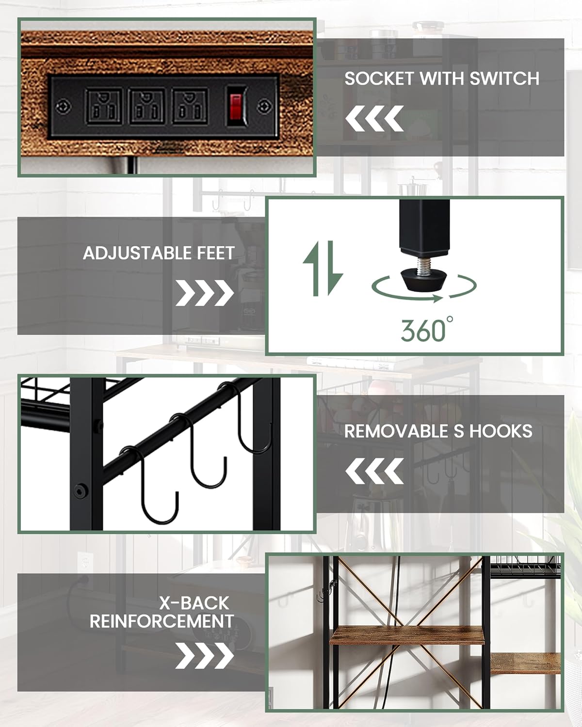 Rustic Brown and Black Floor Standing Bakers Rack with Power Outlet B69982