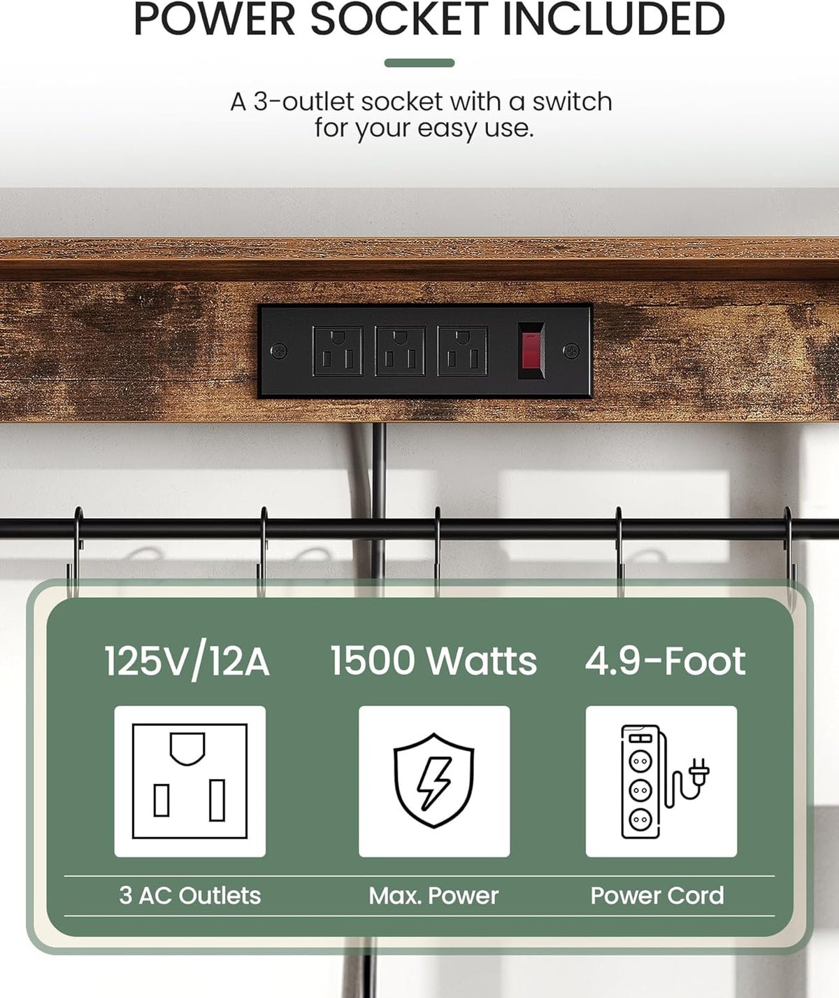 Rustic Brown and Black Floor Standing Bakers Rack with Power Outlet B69982
