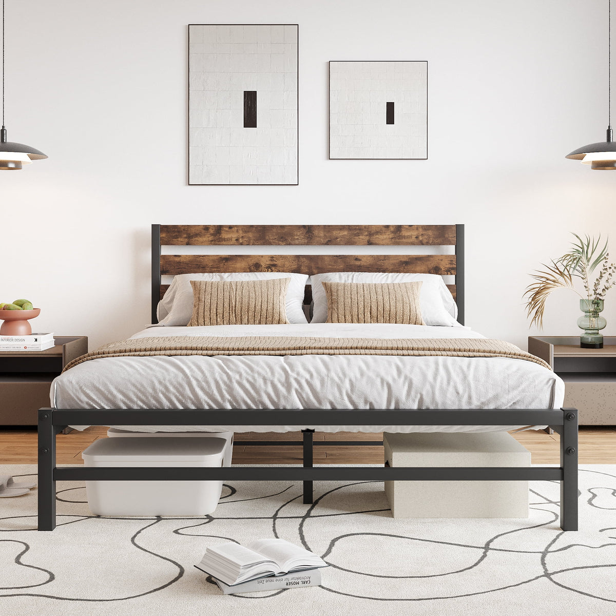 Queen Size Platform Bed Frame with Wood Headboard and Metal Slats T875