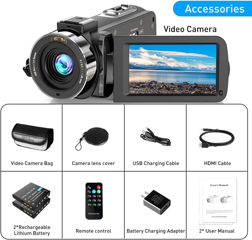 FHD 1080P 30FPS 36MP Camcorder with IR Night Vision and 2 Batteries P43786