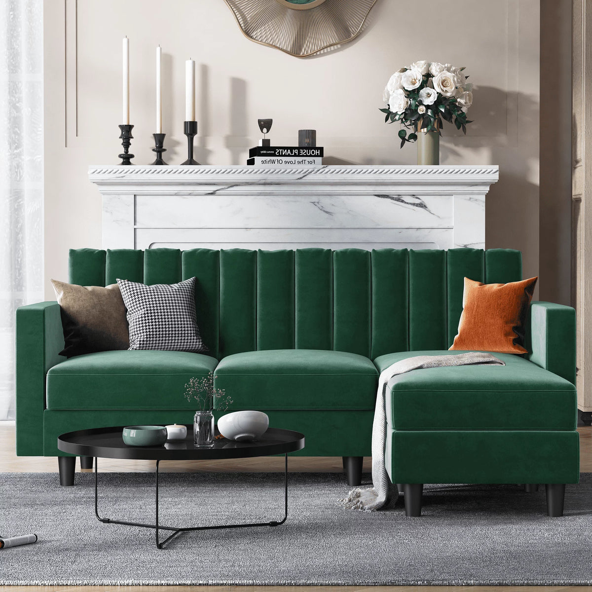 Green Velvet Sectional Sofa with Chaise O43289