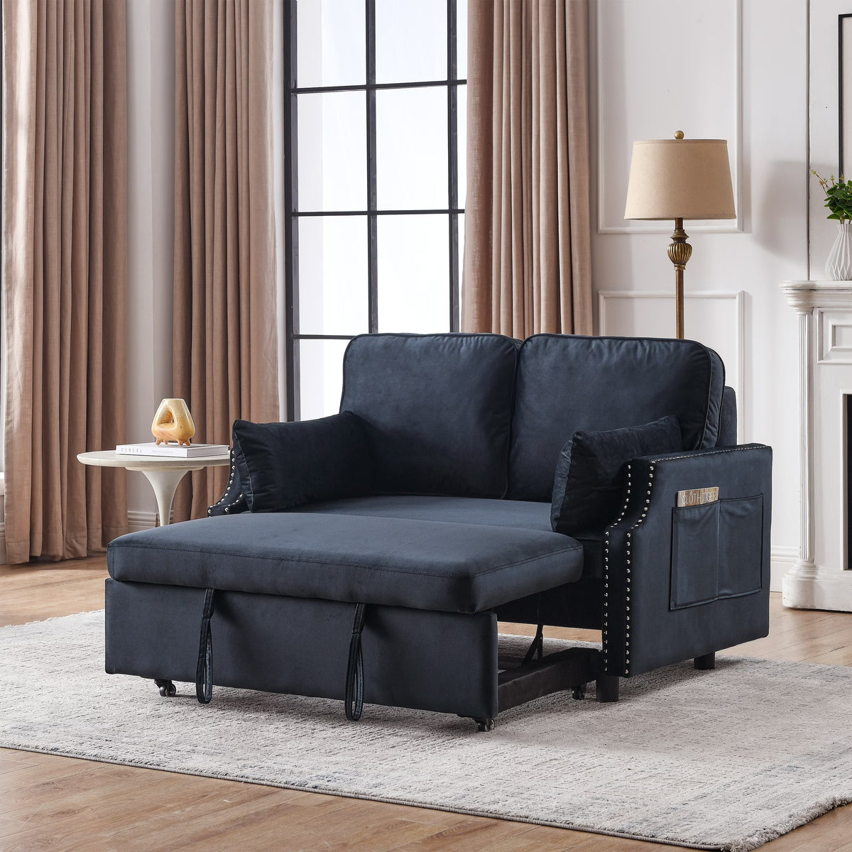 Black Velvet Recliner Sleeper Sofa with Pull-out Bed F671504