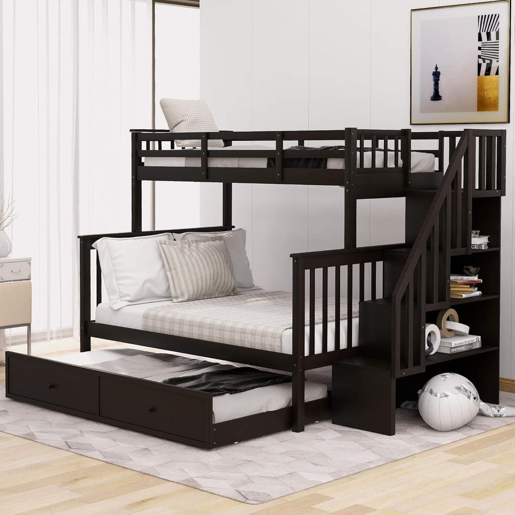 Solid Wood Twin-Over-Twin Stairway Bunk Bed Frame with Storage and Guard Rail C41249