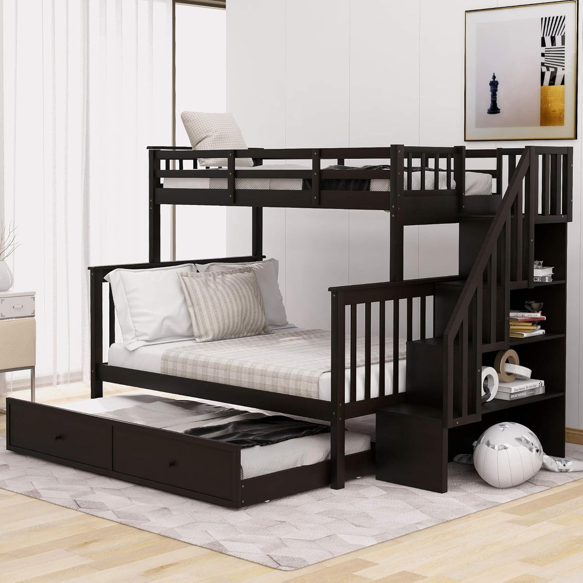 Solid Wood Twin-Over-Twin Stairway Bunk Bed Frame with Storage and Guard Rail C41249