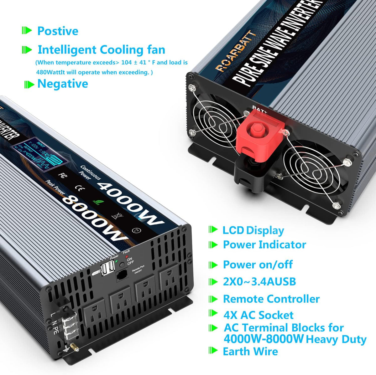 4000Watt 12V DC to AC 110V 120V Power Inverter with Remote Control 4 AC Outlets Dual USB Port G9683
