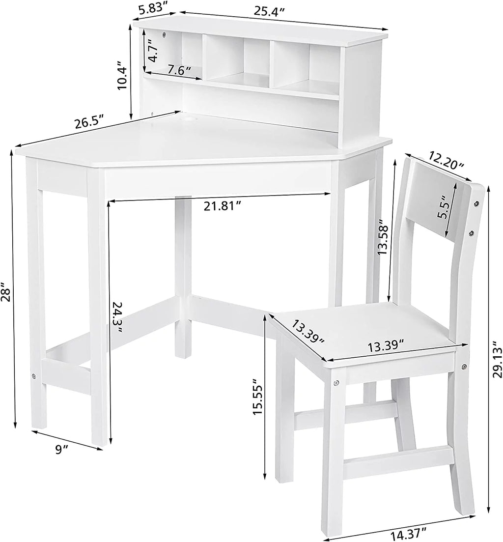 White Wooden Kids Desk with Chair and Storage E148