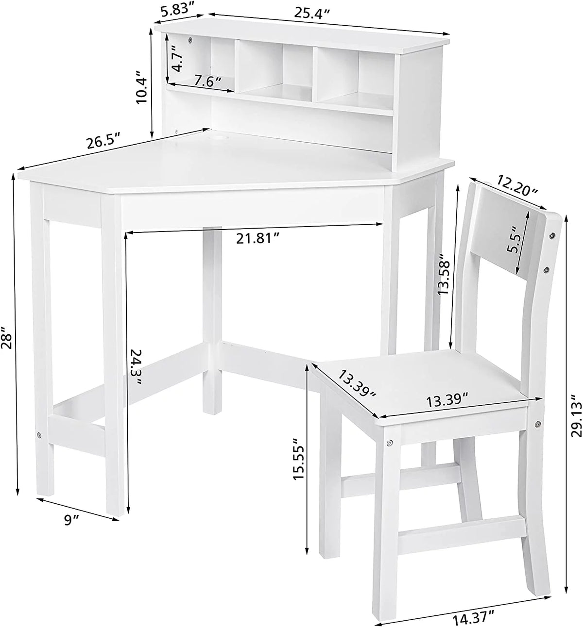 White Wooden Kids Desk with Chair and Storage E148