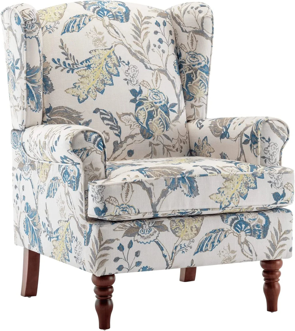 Blue Floral Print Upholstered Armchair W638
