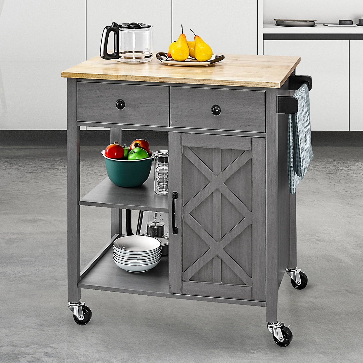 Gray Kitchen Cart with Wood Top B7097