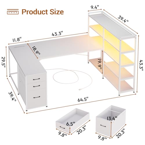 L Shaped Desk with Storage Shelves and 3 Fabric Drawers W840124