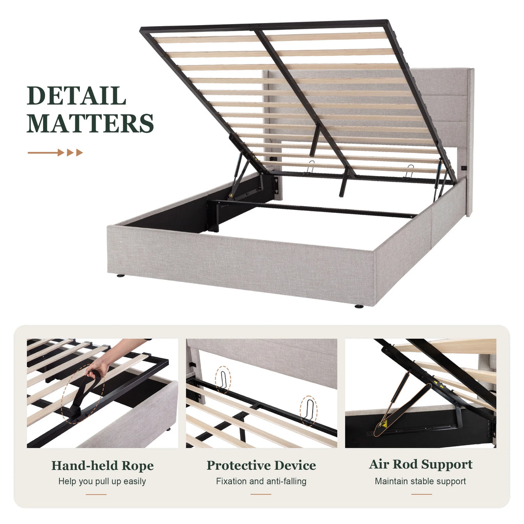 King Size Upholstered Lift up Storage Platform Bed Frame with Wingback Headboard, Beige N7860