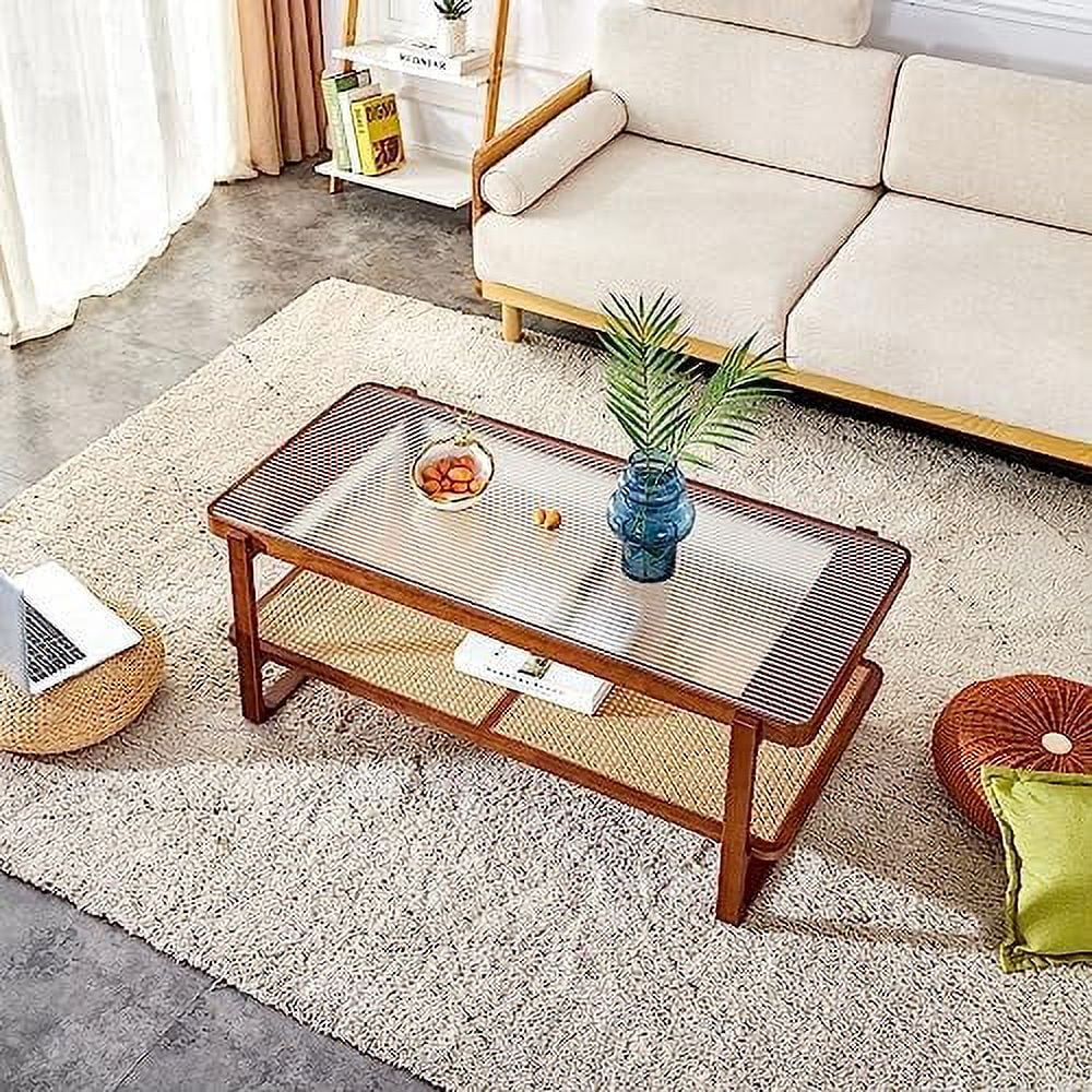 Modern Rattan Woven Glass Desktop Solid Wood Coffee Table S643