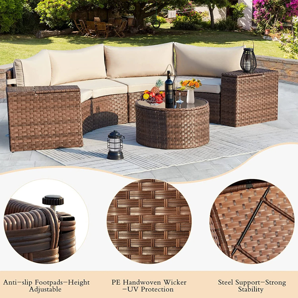 7 Piece Outdoor Patio Sectional Sofa Set with Storage Armrest R6798