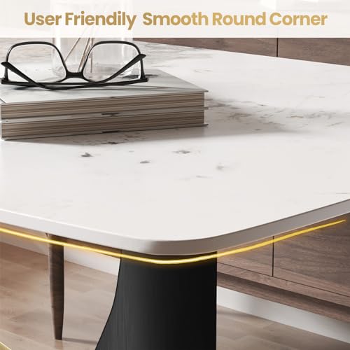 63" White Marble Sintered Stone Top Rectangle Dining Table with Black Carbon Steel Pedestal A201