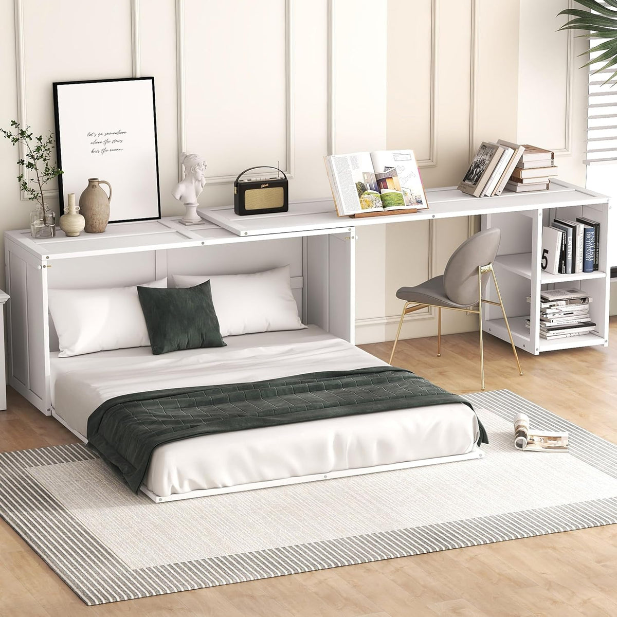 White Queen Size Murphy Bed with Storage Drawers P35869