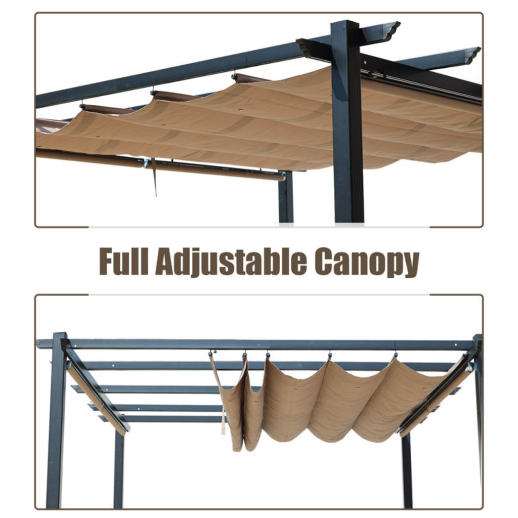 12 x 10 ft Outdoor Pergola with Retractable Shade Canopy, Dark Gray Matte Aluminum Frame, 4 Pieces Roller Shade Curtain Z429214