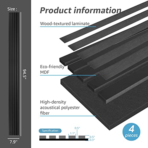 4-Piece Wood Slat Acoustic Panels, Matte Black J42307