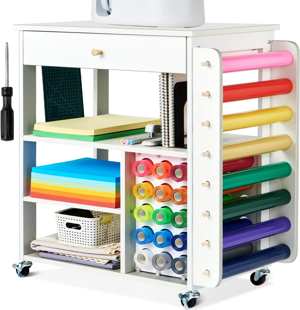 Mobile Craft Storage with 23 Vinyl Roll Holder, Craft Table Stand with Wheels, Crafting Cabinet with Large Drawers X4323