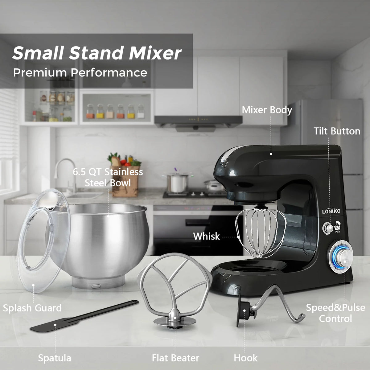 Electric Stand Mixer 400W 6-Speed 6.5QT Stainless Steel Bowl Black L827