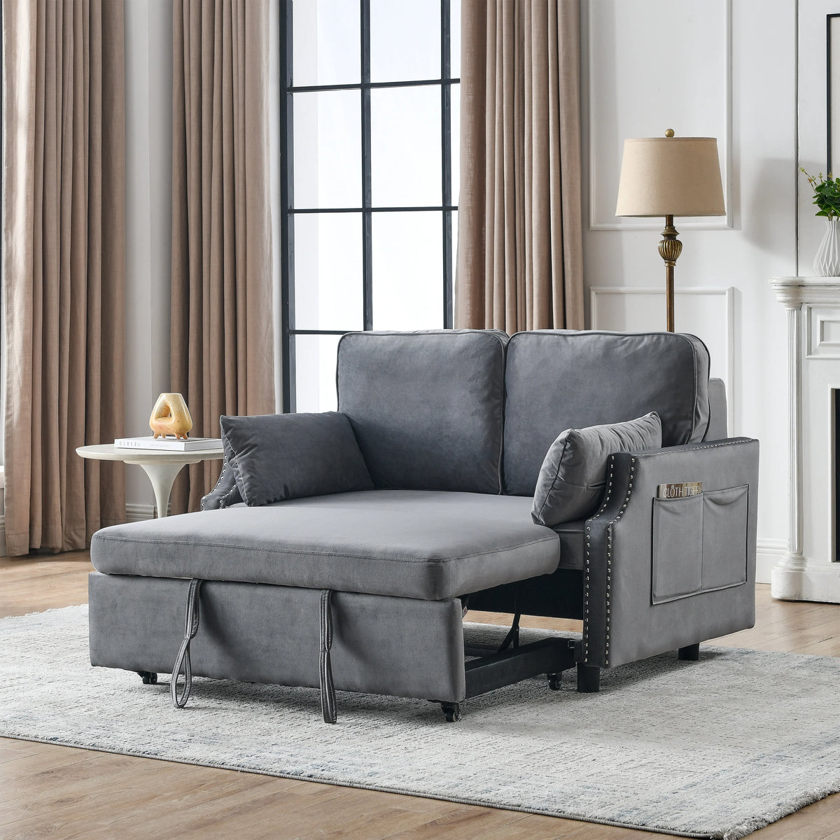 Black Velvet Recliner Sleeper Sofa with Pull-out Bed F671504
