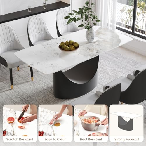 63" White Marble Sintered Stone Top Rectangle Dining Table with Black Carbon Steel Pedestal A201
