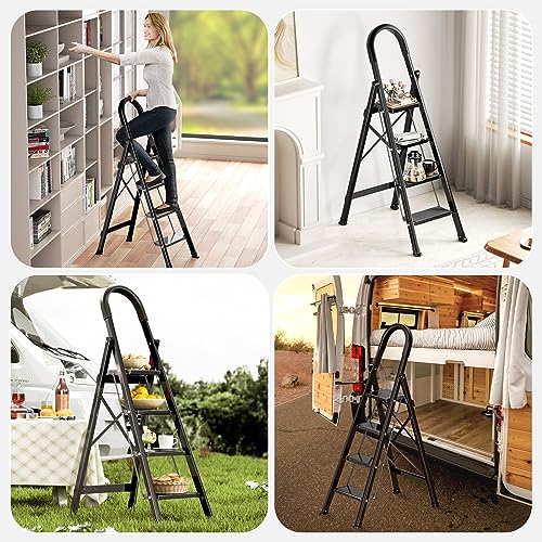 Black Aluminum Folding Step Stool with Handgrip E700