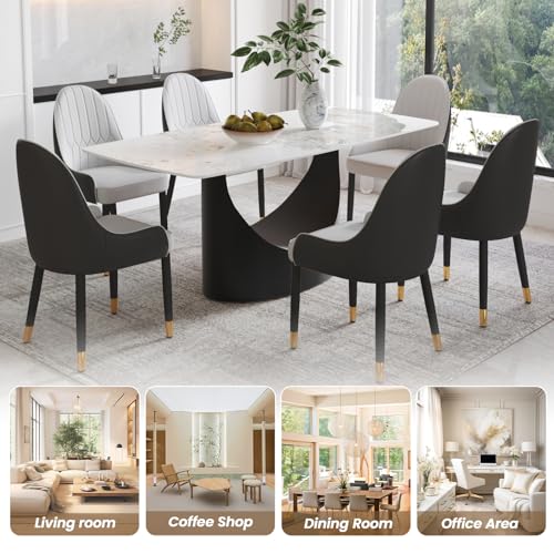 63" White Marble Sintered Stone Top Rectangle Dining Table with Black Carbon Steel Pedestal A201