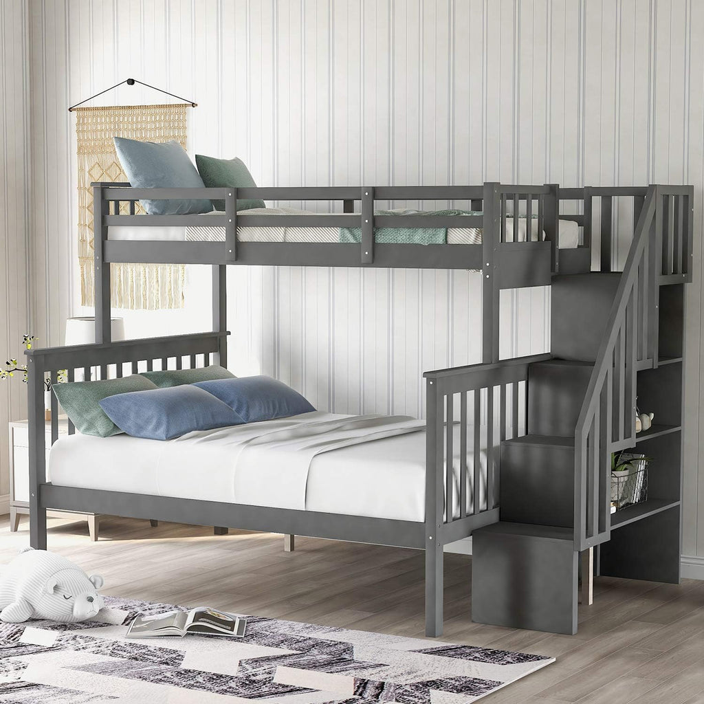 Solid Wood Twin-Over-Twin Stairway Bunk Bed Frame with Storage and Guard Rail C41249