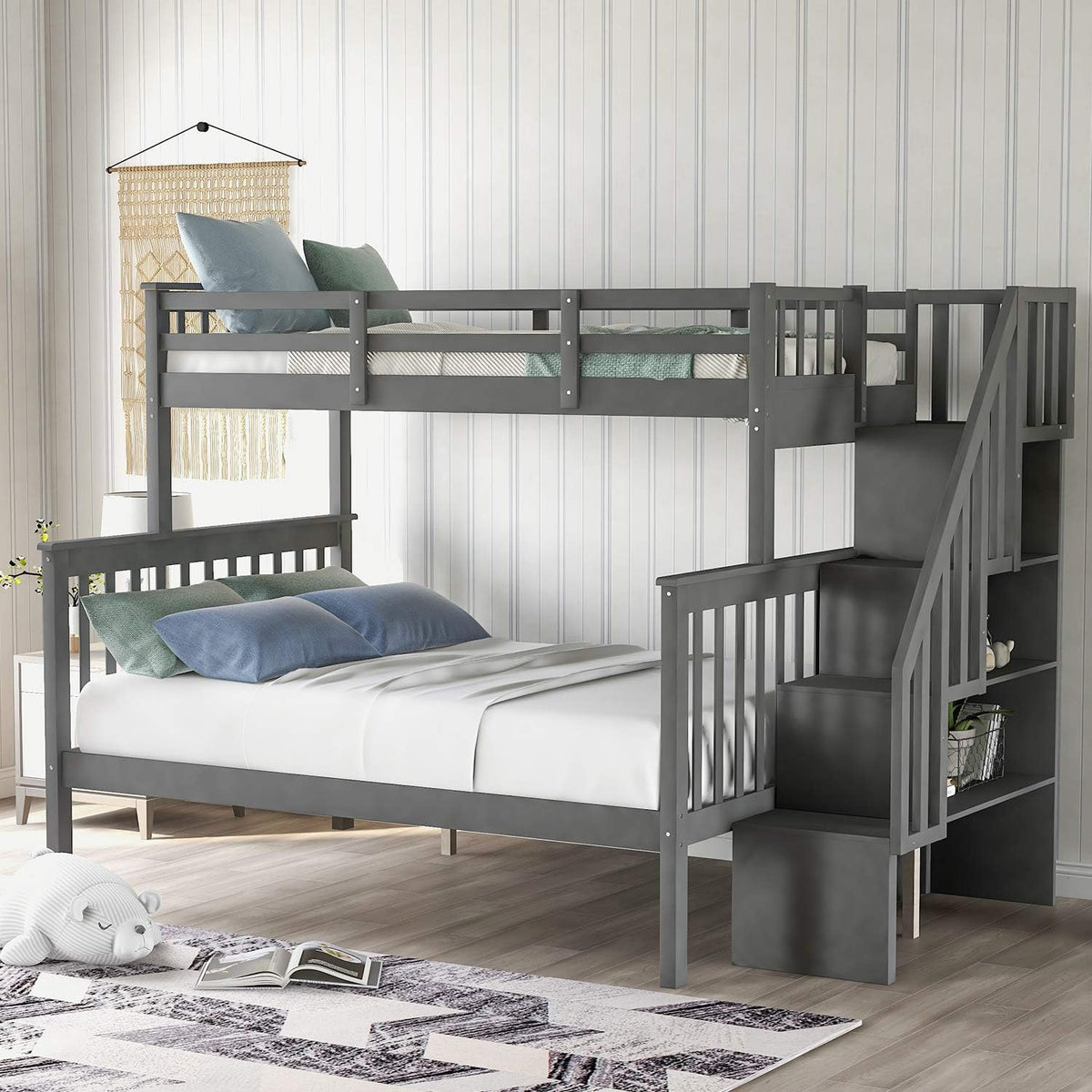 Solid Wood Twin-Over-Twin Stairway Bunk Bed Frame with Storage and Guard Rail C41249