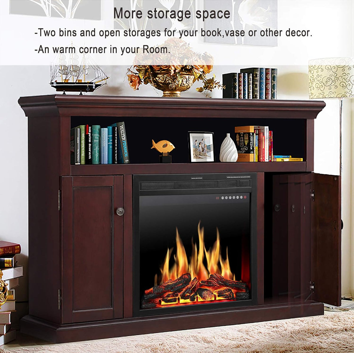 Electric Fireplace TV Stand Wood Mantel with LED Flames, Storage Bin, Remote Control, Dark Espresso G2228
