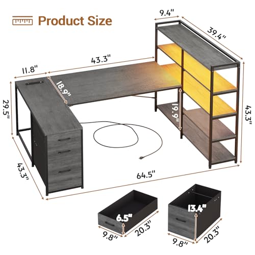 L Shaped Desk with Storage Shelves and 3 Fabric Drawers W840124