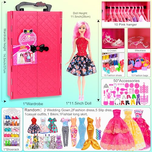 105 Pcs Doll and Closet Playset Wardrobe Set Including One Doll Wardrobe Shoes Rack Dress Shoes Hangers Necklace C57725