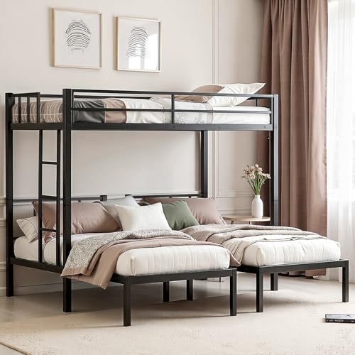 Black Metal Triple Bunk Bed with Guardrails and Ladder A244734