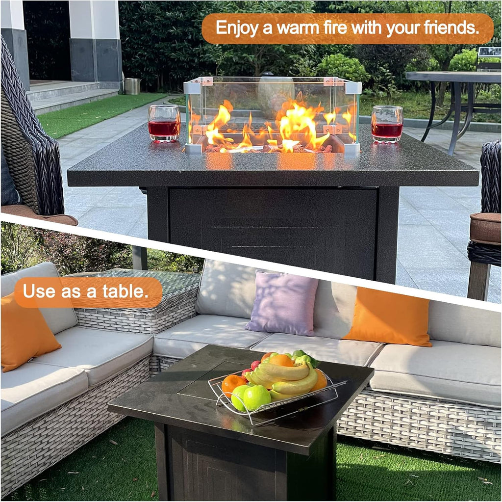 50000BTU Metal Propane Fire Pit Table with Glass Wind Guard and Lava Stone T300