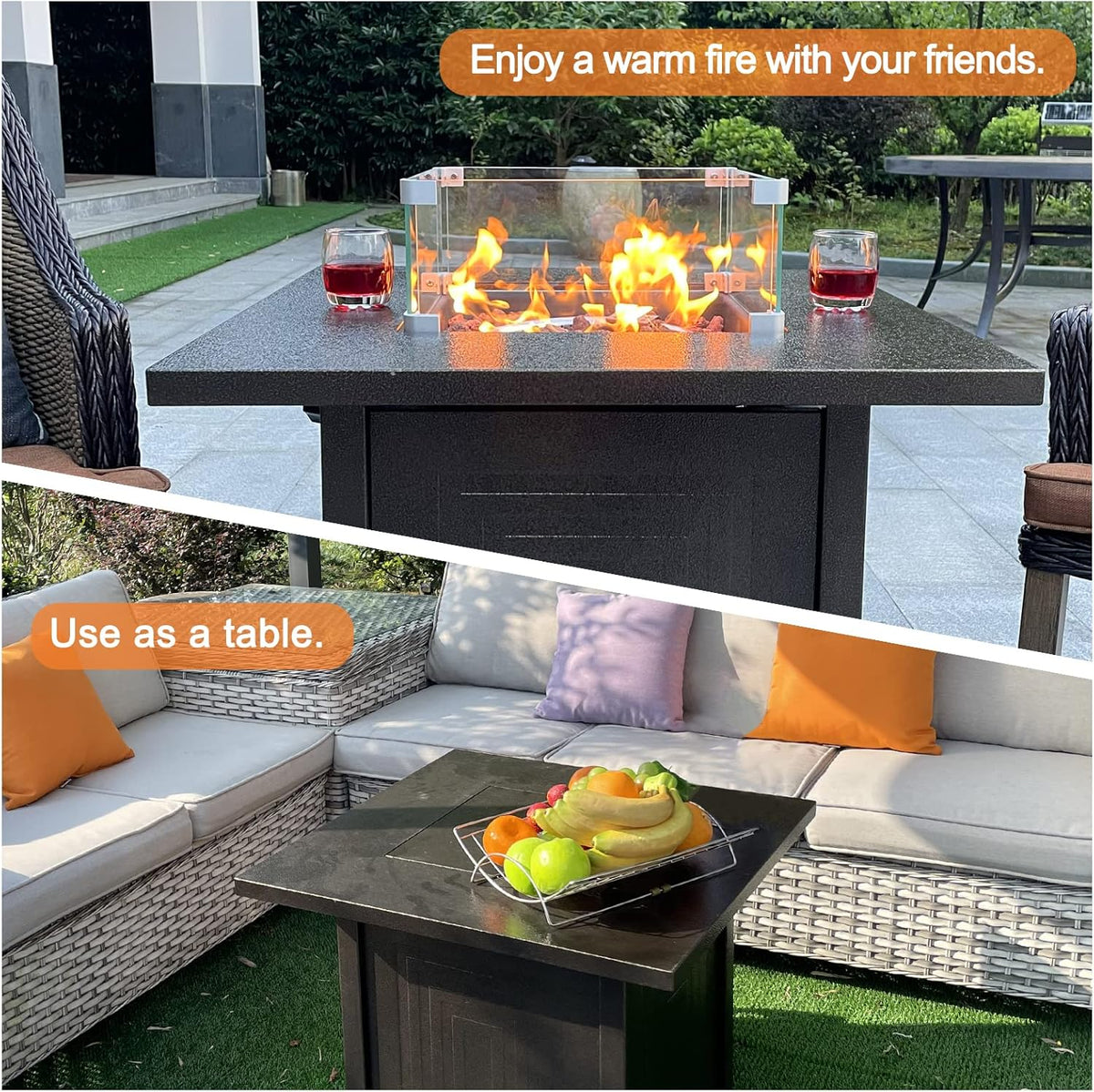 50000BTU Metal Propane Fire Pit Table with Glass Wind Guard and Lava Stone T300