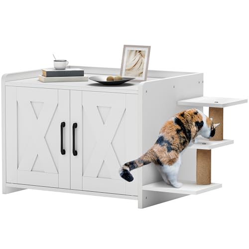 White Wooden Cat Litter Box Enclosure with Scratching Post T320360