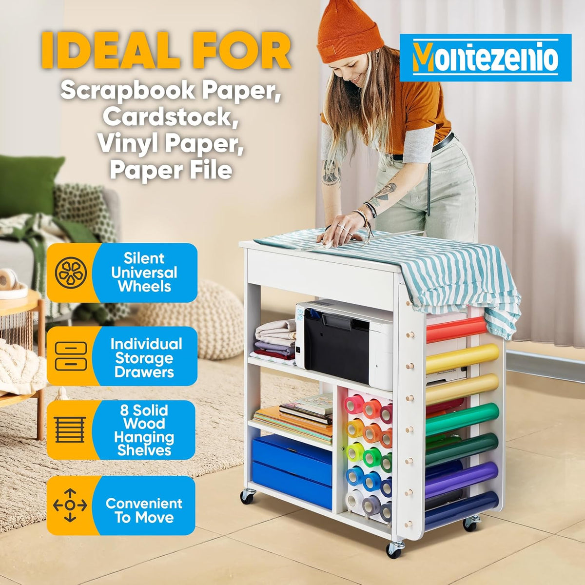 Mobile Craft Storage with 23 Vinyl Roll Holder, Craft Table Stand with Wheels, Crafting Cabinet with Large Drawers X4323