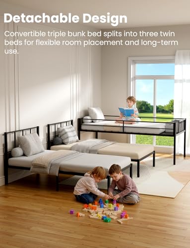 Black Metal Triple Bunk Bed with Guardrails and Ladder A244734