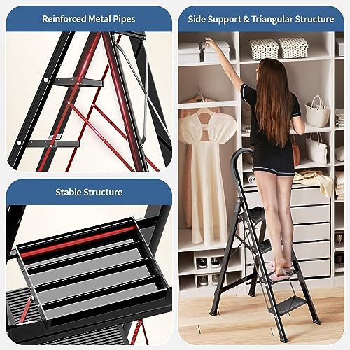 Black Aluminum Folding Step Stool with Handgrip E700