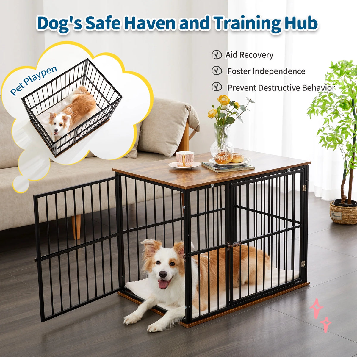 Medium Wooden Dog Crate Furniture with Washable Cushion Z841275