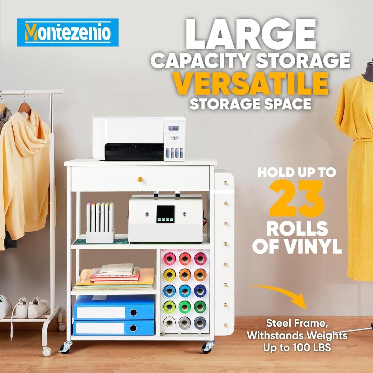 Mobile Craft Storage with 23 Vinyl Roll Holder, Craft Table Stand with Wheels, Crafting Cabinet with Large Drawers X4323