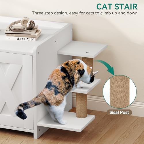 White Wooden Cat Litter Box Enclosure with Scratching Post T320360