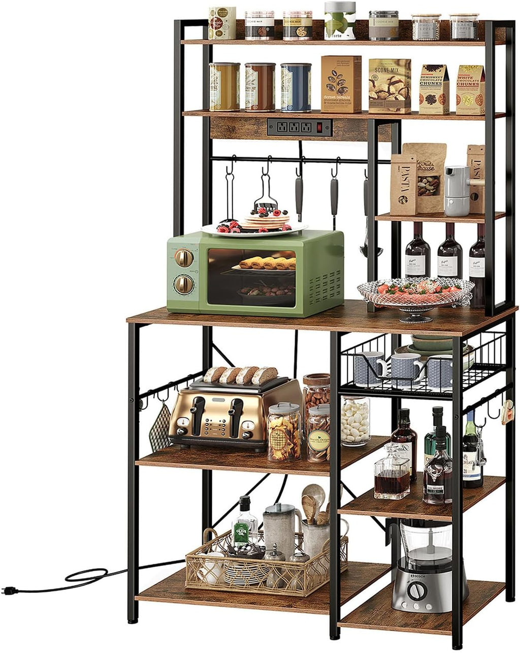 Rustic Brown and Black Floor Standing Bakers Rack with Power Outlet B69982