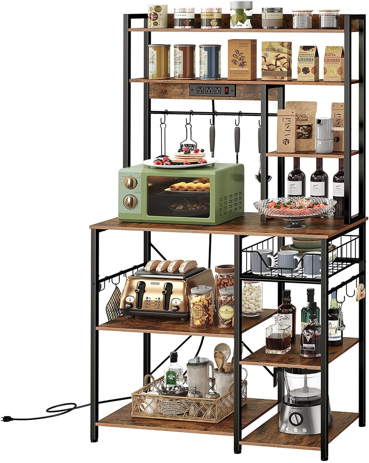 Rustic Brown and Black Floor Standing Bakers Rack with Power Outlet B69982