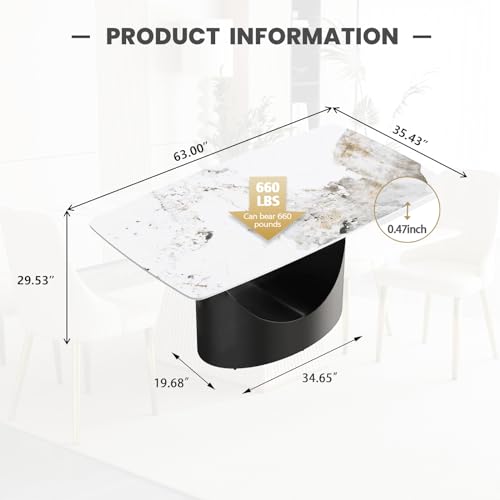 63" White Marble Sintered Stone Top Rectangle Dining Table with Black Carbon Steel Pedestal A201