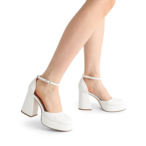 Chunky Platform High Heels Closed Toe Block Ankle Strap Pumps Shoes J76519