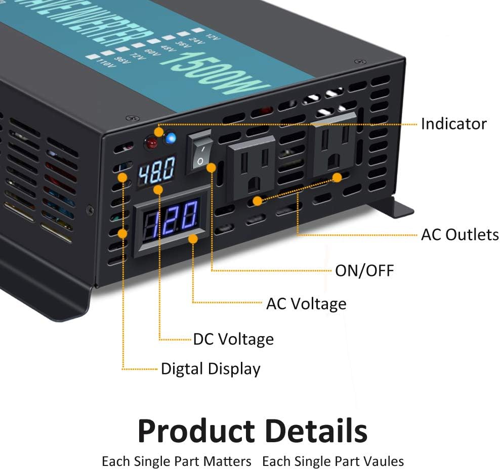 1500W Pure Sine Wave Power Inverter with 2 AC Outlets J865196