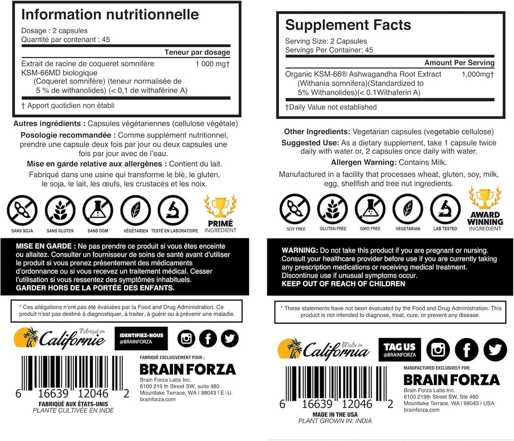 Organic Ashwagandha Root Extract, 1,000mg, 90 Capsules K872071