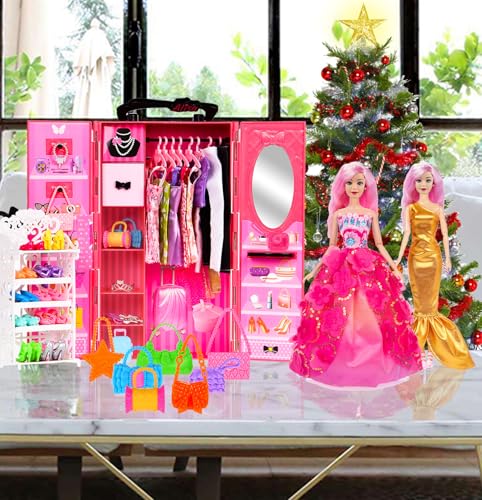 105 Pcs Doll and Closet Playset Wardrobe Set Including One Doll Wardrobe Shoes Rack Dress Shoes Hangers Necklace C57725